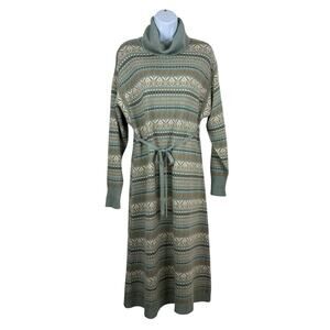 RODIER PARIS Dress Womens Large Green Sweater Nordic Knit Maxi Turtle Neck LS